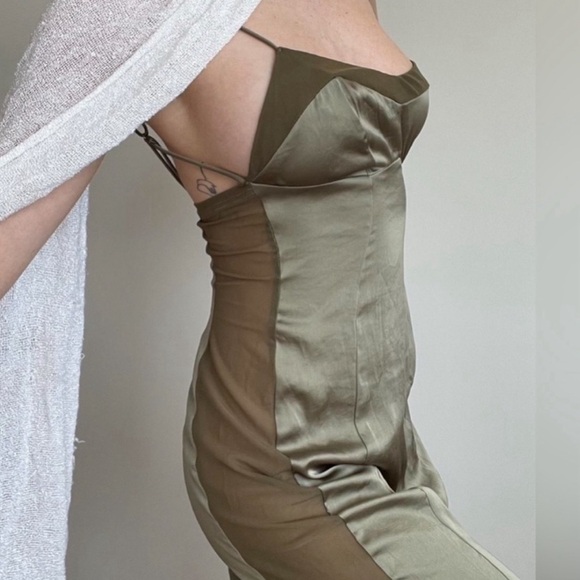 Free People Dresses & Skirts - FREE PEOPLE Intimately City Cool Midi Slip Dress Olive Satin Sheer Khaki Green L